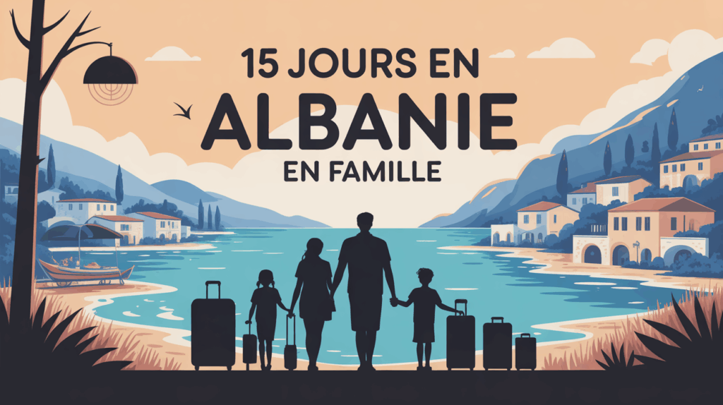 famille nombreuse voyage Albanie illustration valises montagnes mer