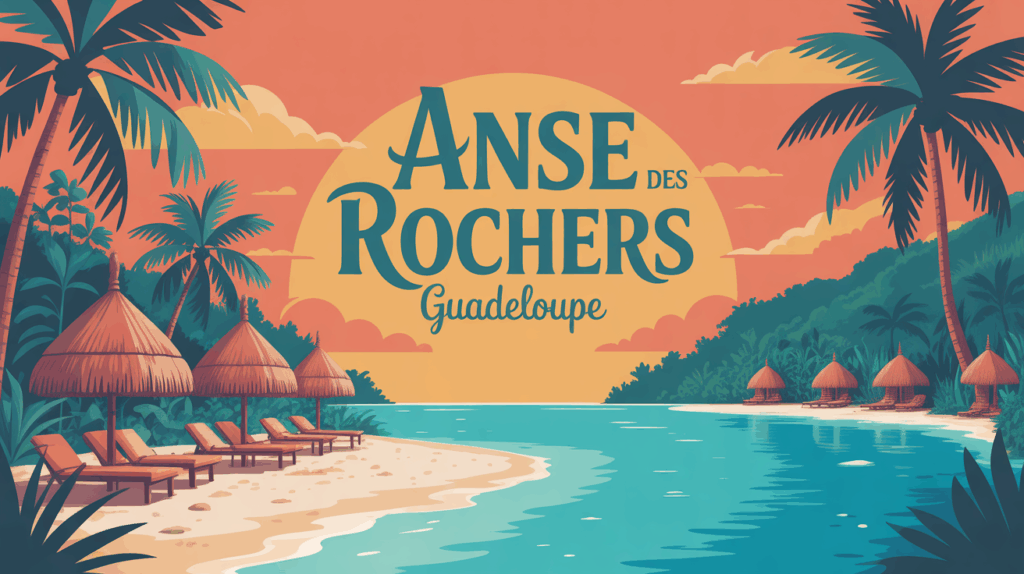 Plage tropicale Anse des Rochers, cocotiers et hébergements en Guadeloupe