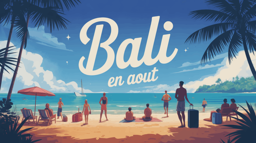 Plage Bali en aout ciel bleu avec mer et palmiers