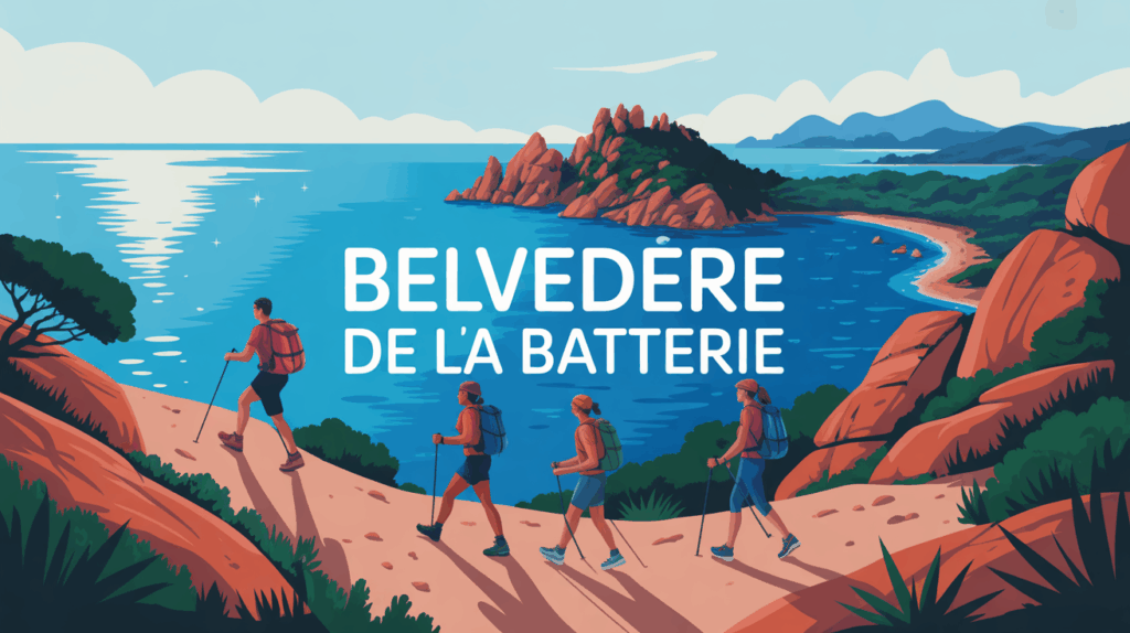 Vue stylisee du massif de l'Esterel et randonneurs au Belvedere de la Batterie