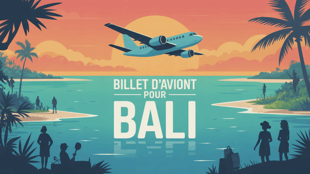 Illustration billet d'avion pour Bali avec mer, palmiers et avion