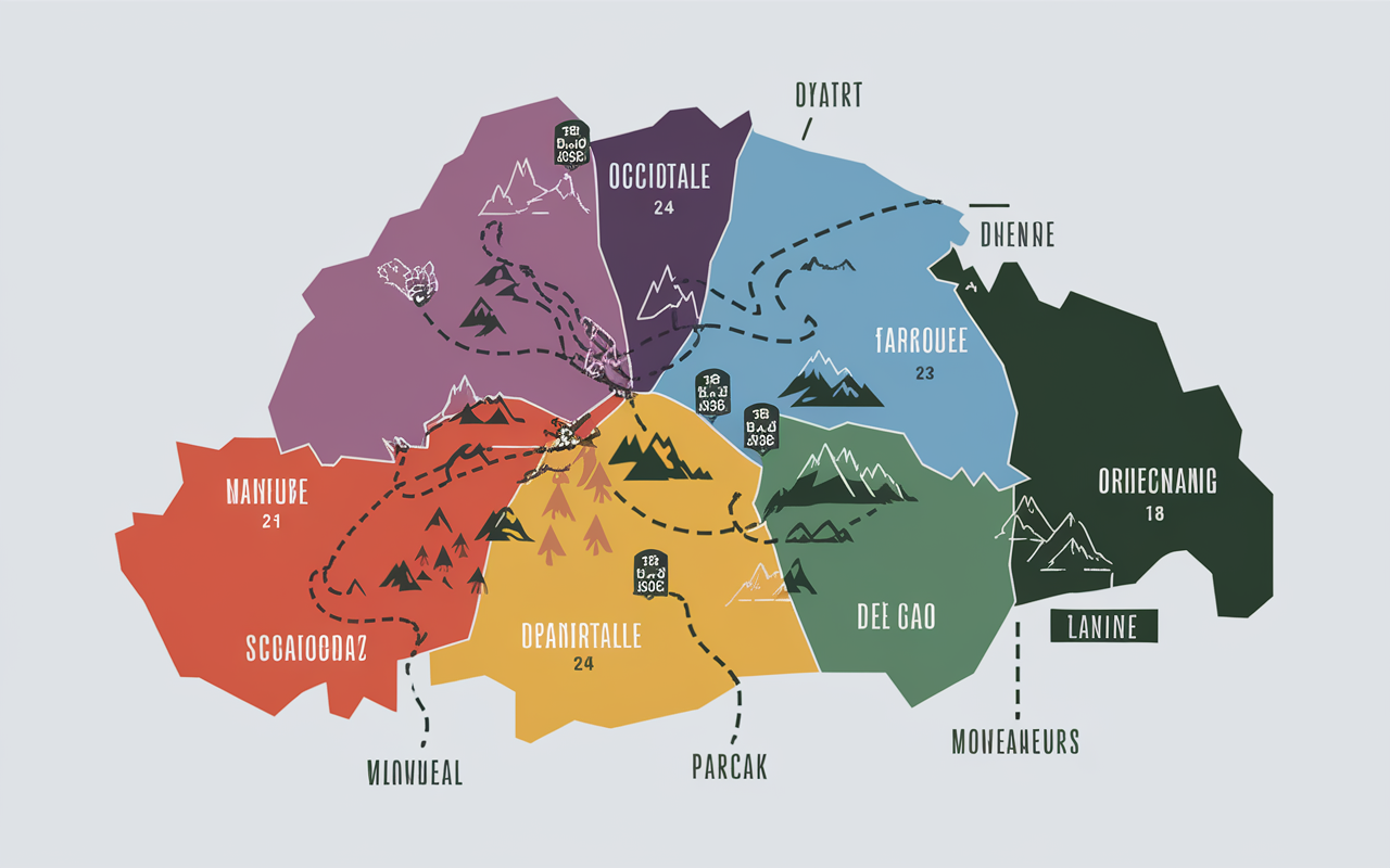 Carte stylisee du decoupage GR10 Pyrenees en 4 zones