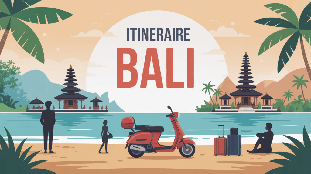 Illustration Itineraire Bali avec riziere, plage, temple, scooter