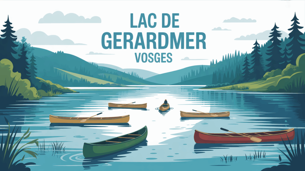 Vue stylisee du lac de Gerardmer Vosges avec canoes et paddle