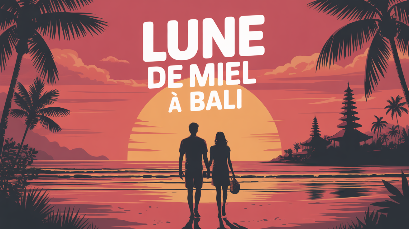 在热带海滩上的一对夫妇 日出时的bali