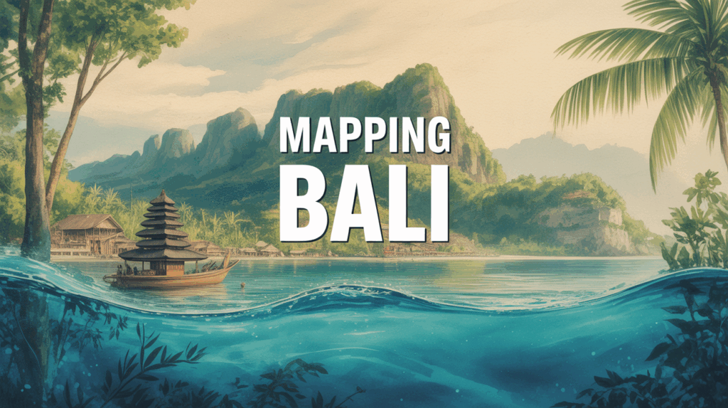 Vue artistique de Bali en aquarelle, montagnes et mer, titre Mapping Bali
