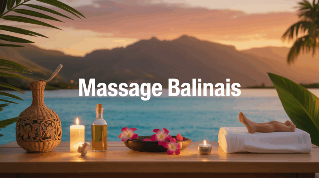 Table de massage balinais ambiance tropicale huiles fleurs