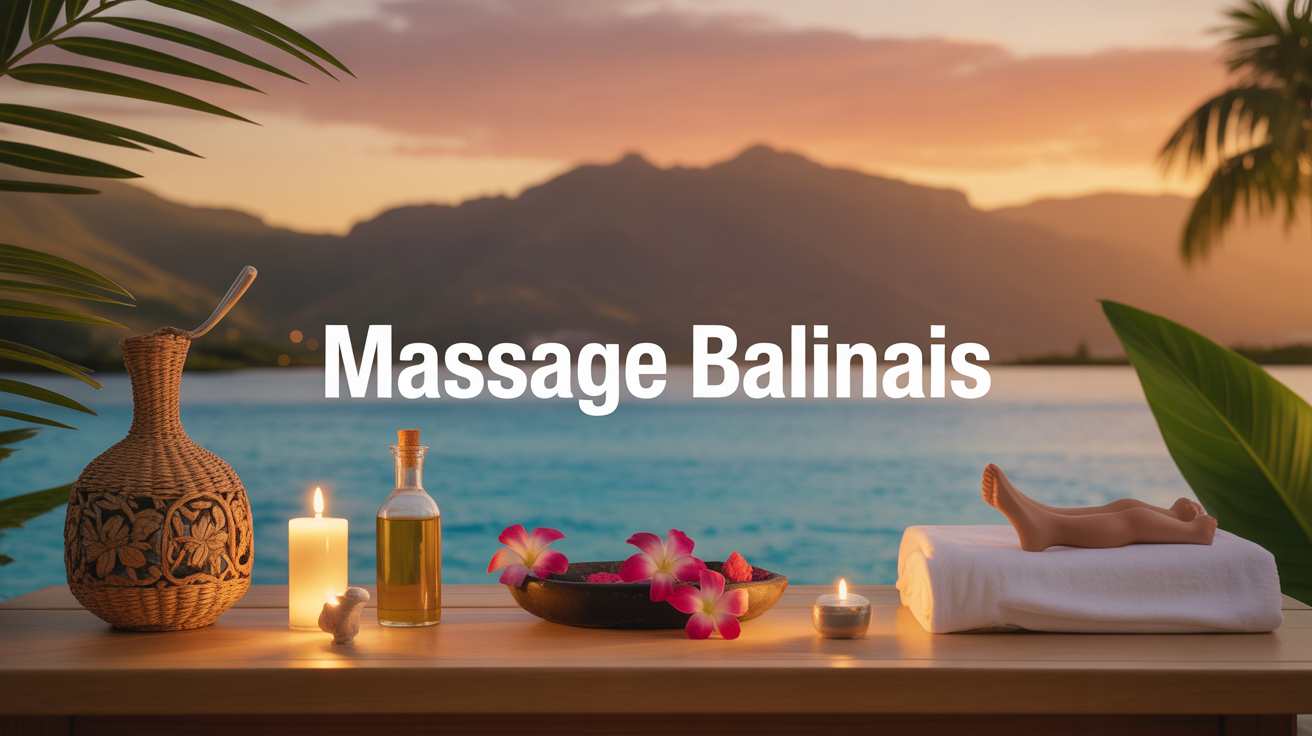 Table de massage balinais ambiance tropicale huiles fleurs