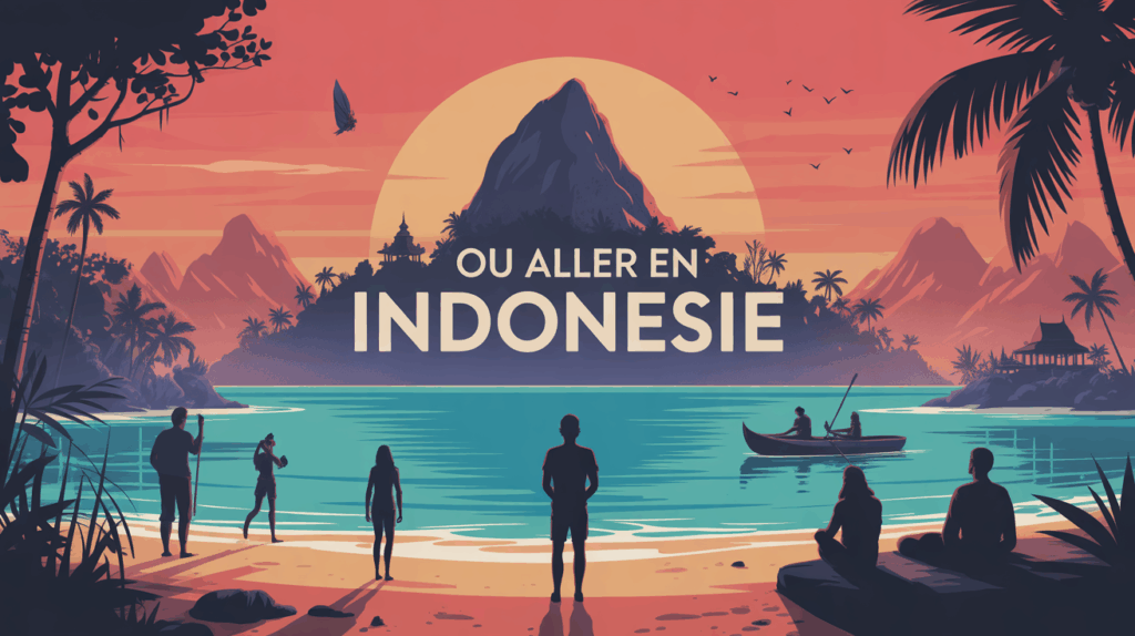Illustration archipel indonésie, plage volcan jungle temple texte Où aller en Indonésie