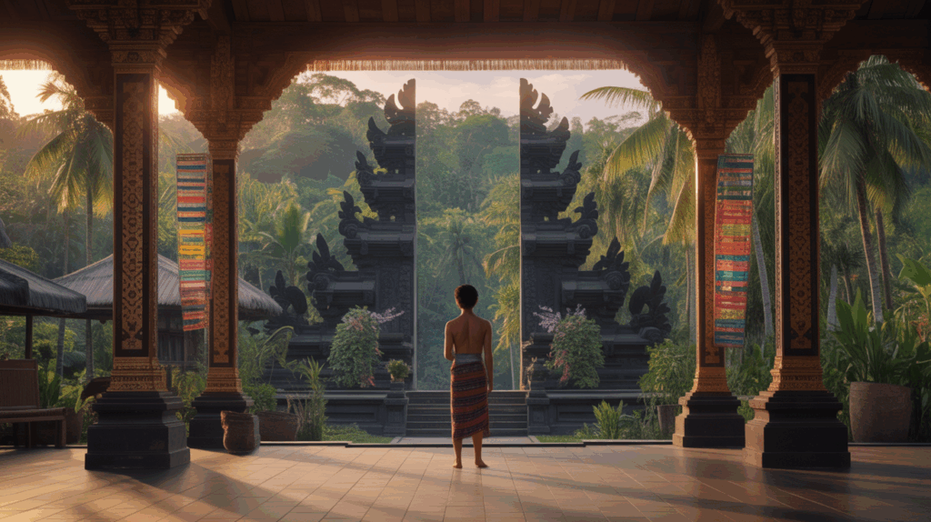 Vue temple balinais sarong offrandes nature