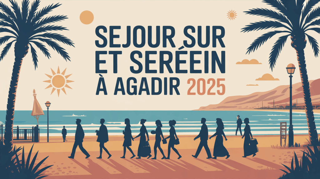 Vue plage Agadir 2025 touristes soleil police sécurité