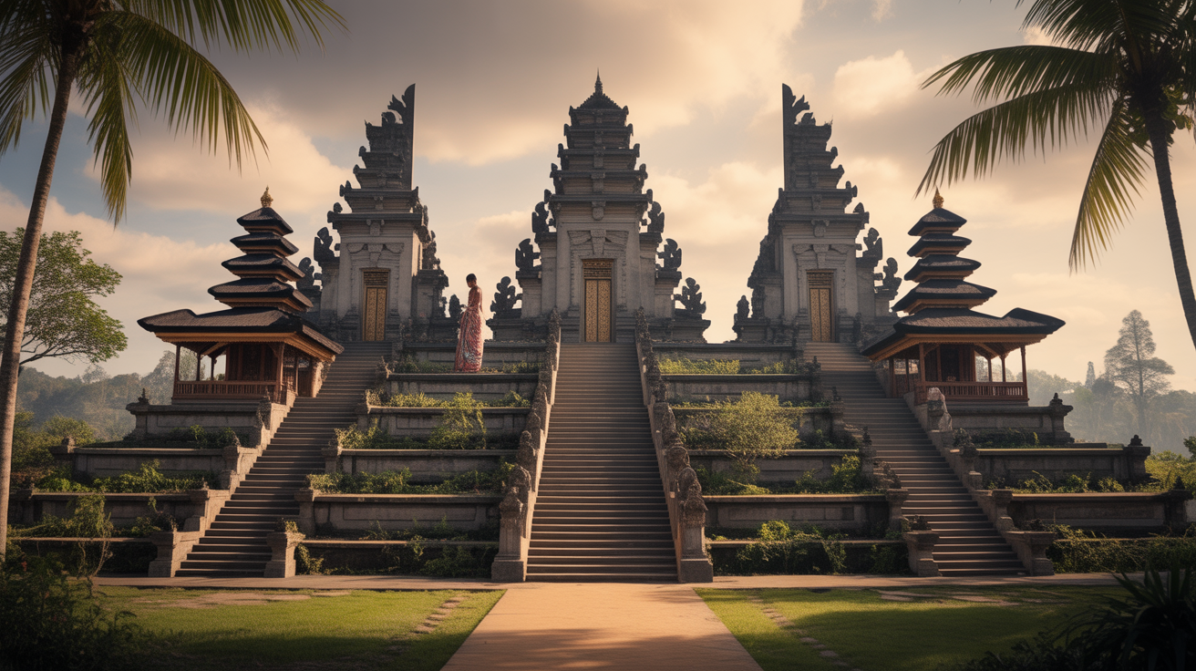 Complexe du temple de Besakih en terrasses, sanctuaires et brume