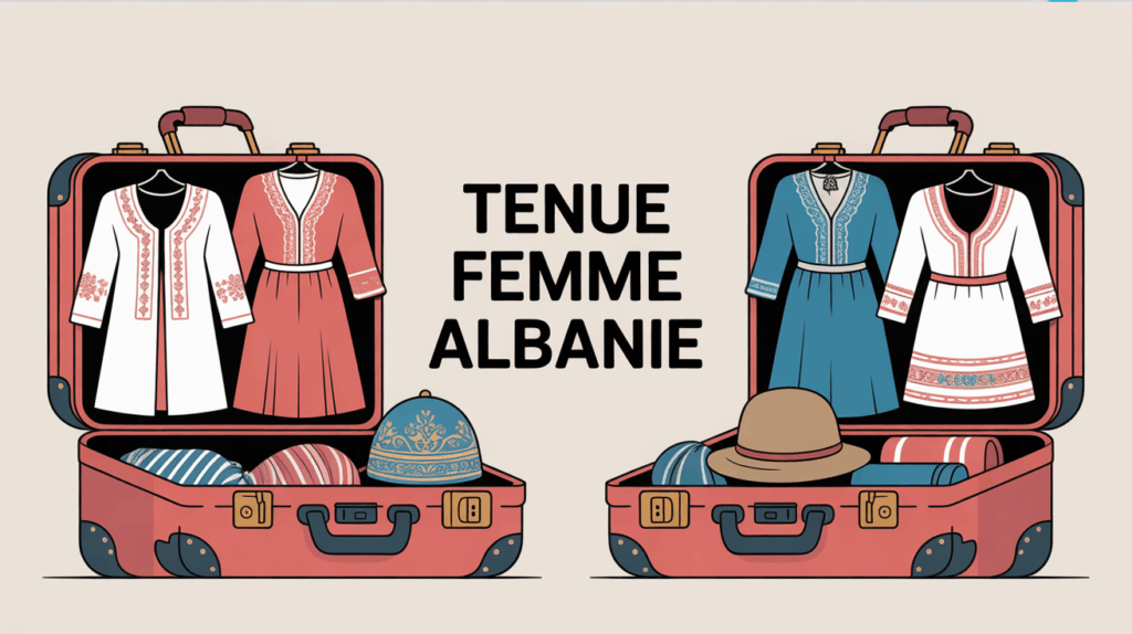 Valise ouverte avec vêtements femme Albanie modernes et traditionnels