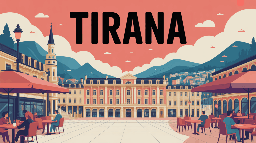 Place centrale de Tirana vue montagne, ambiance vivante