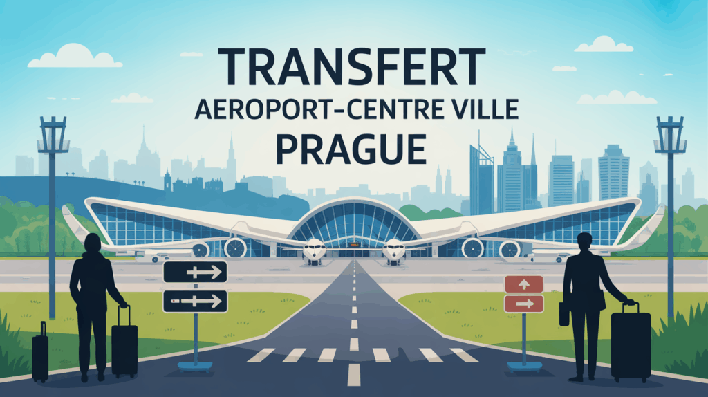 transfert aeroport centre ville Prague silhouettes voyageurs panneau direction