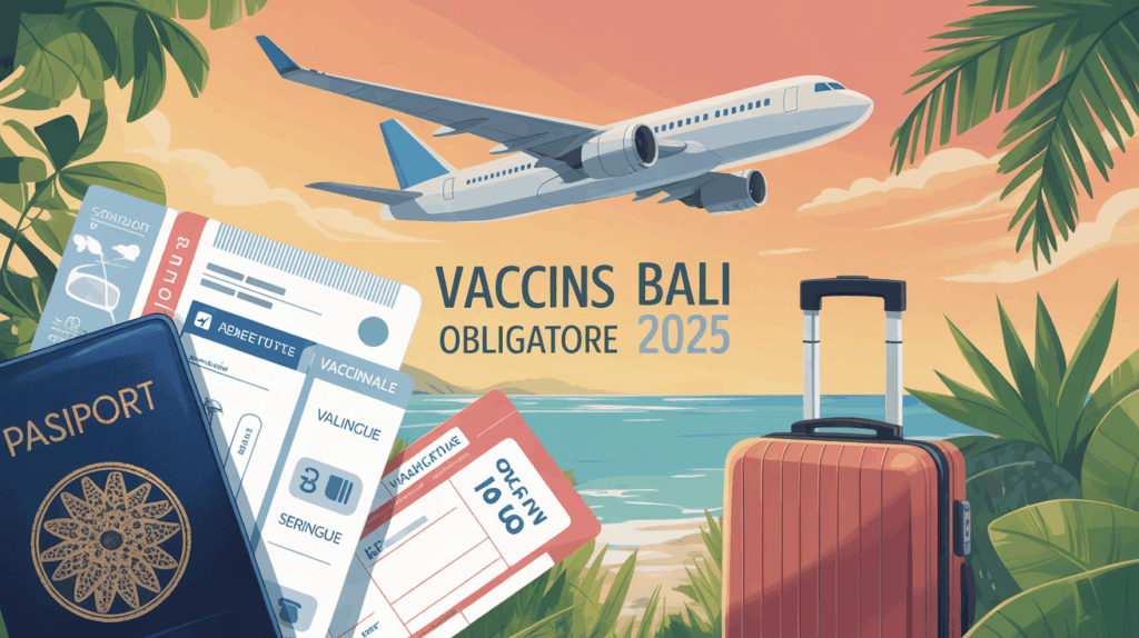 Vaccins obligatoires Bali 2025, passeport et valise, ambiance tropicale