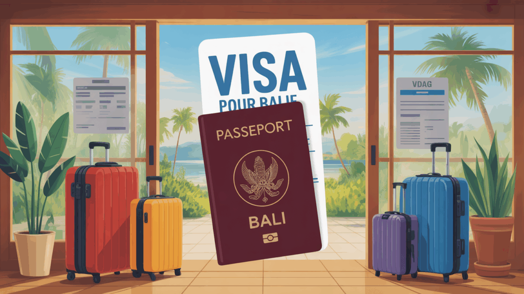 Visa pour Bali dessin stylisé guichet passeport valises soleil
