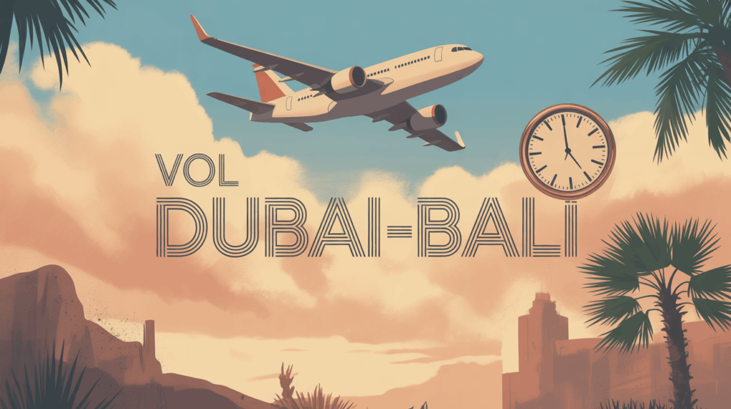 illustration avion vol dubai bali nuages palmiers horloge