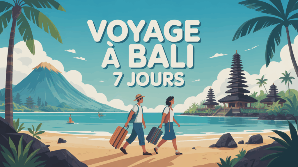 Illustration paysage Bali riziere volcan plage temples