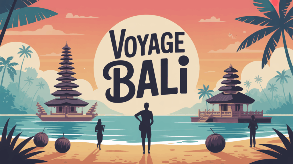 Illustration Voyage Bali avec temples et cocotiers