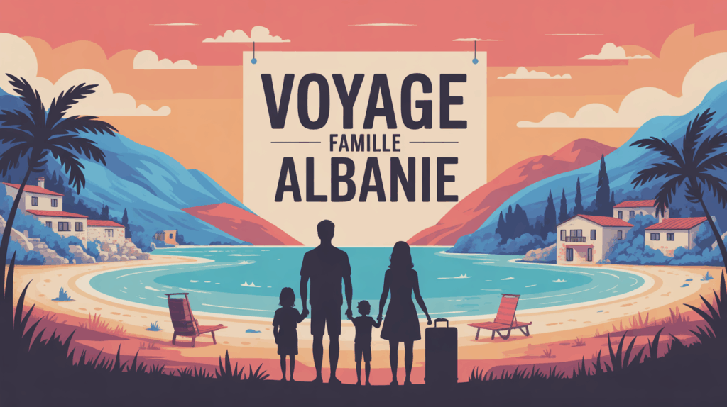 Image stylisée famille Albanie montagne plage village budget