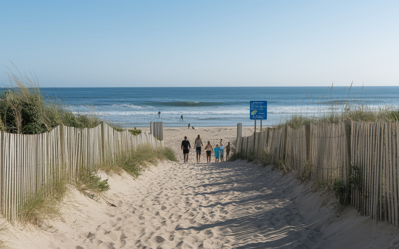 Sentier accès plage du Vieux Phare familles surfeurs animaux