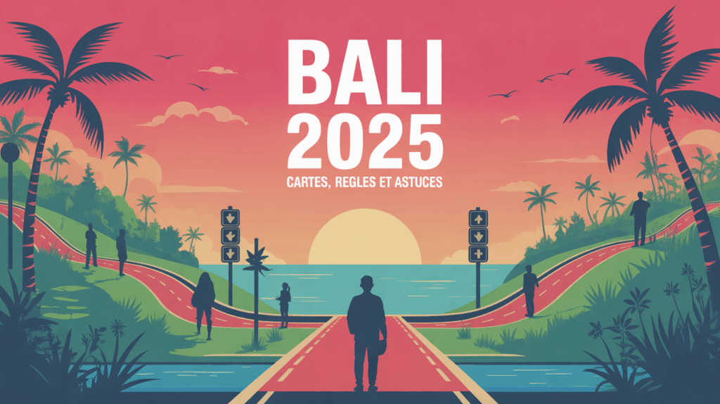 Carte stylisée Bali 2025 avec voyageurs et routes