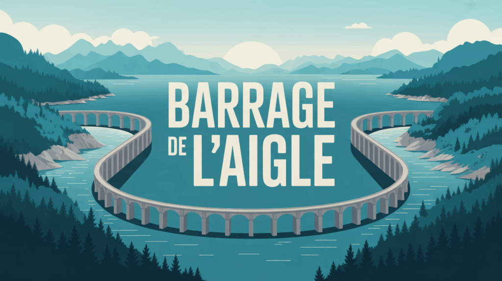 Vue stylisée du Barrage de l'Aigle avec rivière et montagnes