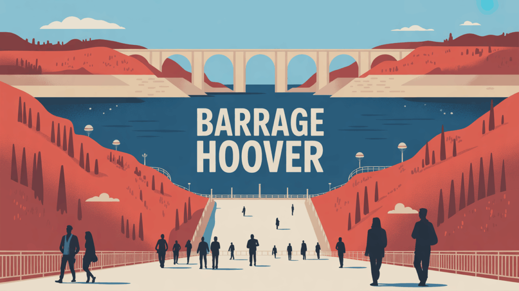 Illustration du barrage Hoover entre falaises et lac Mead