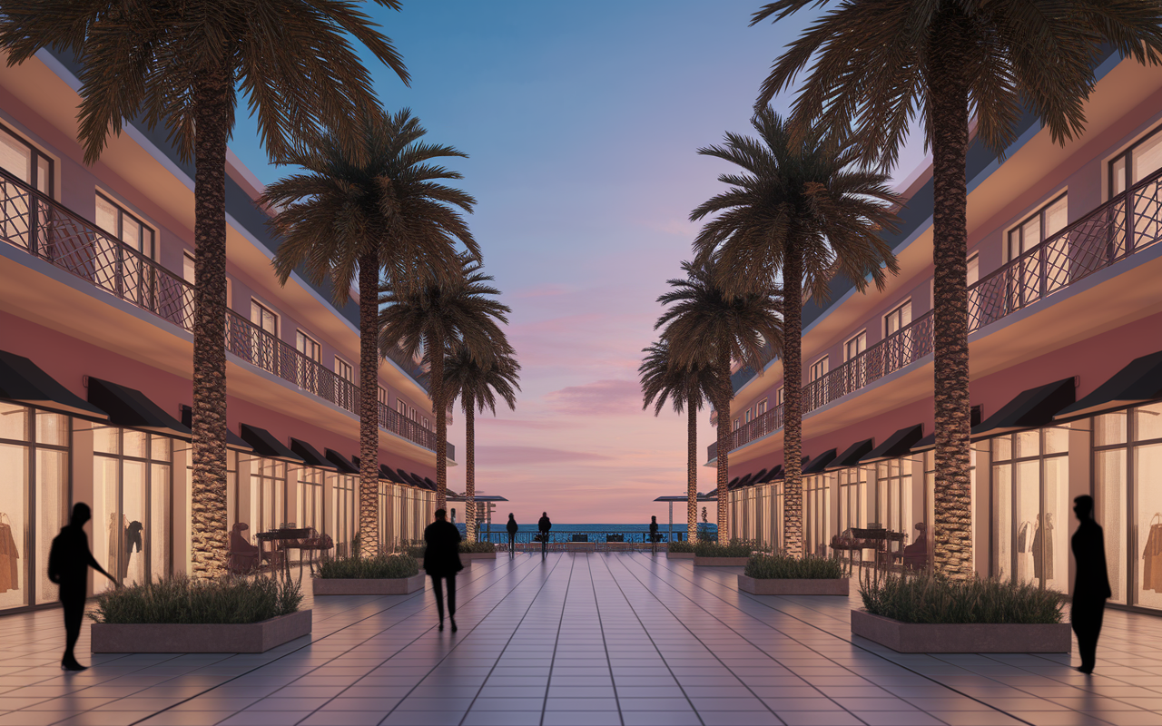 Vue quartier anime Carre d'Or Cannes, palmiers et boutiques
