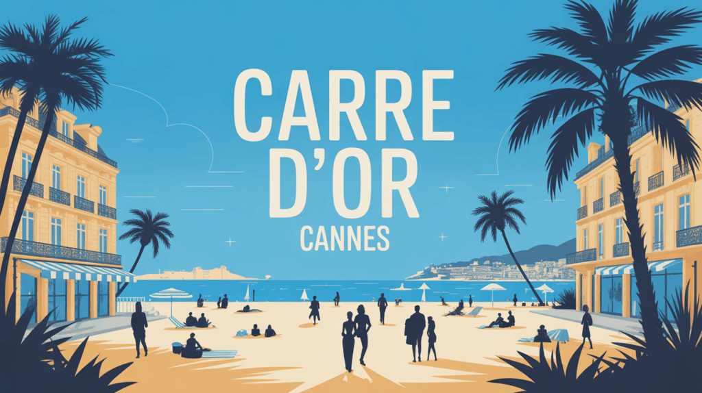 Vue stylisee Carre d'Or Cannes, plage, palmiers