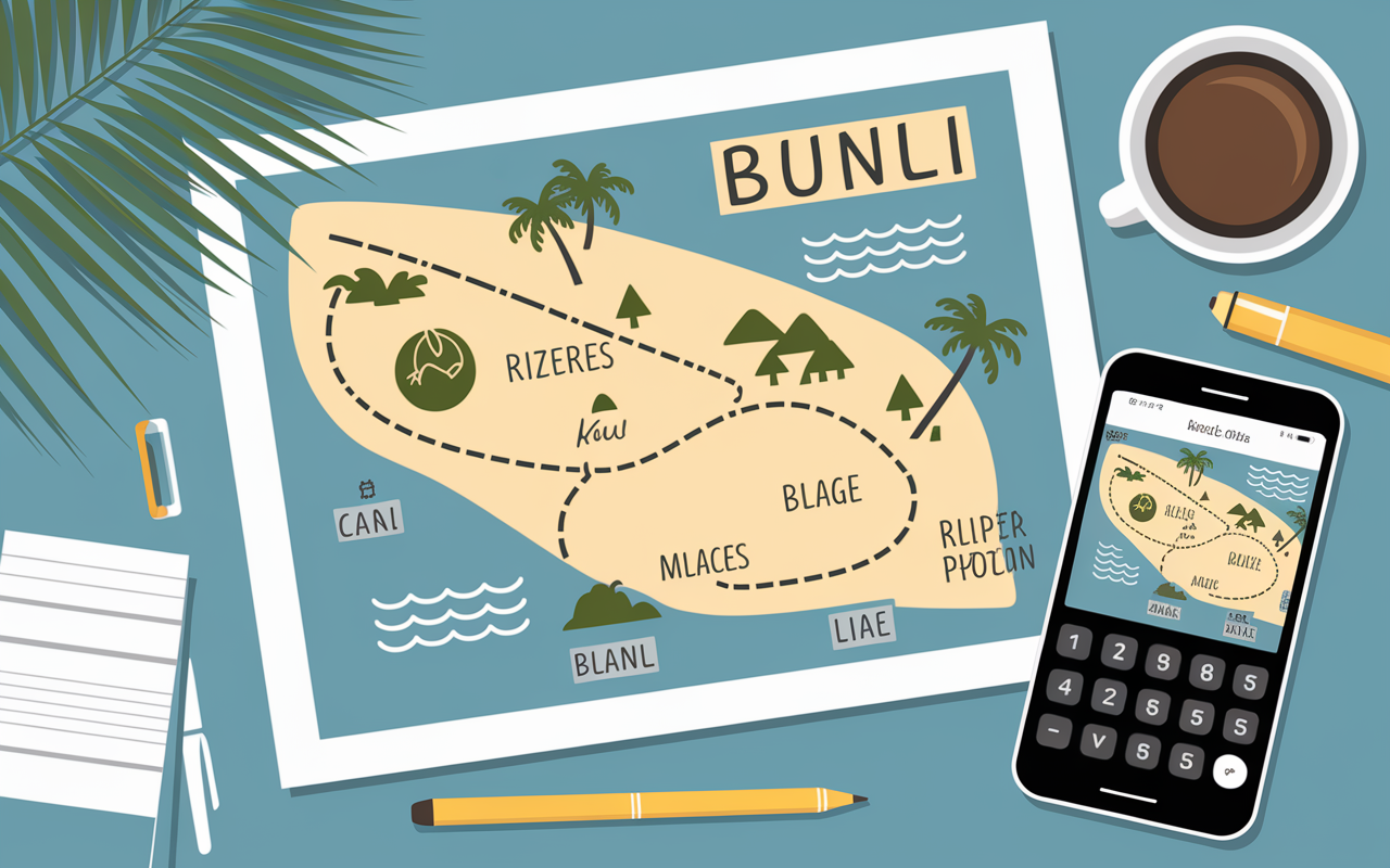 Plan stylisé carte Bali 2025 sur bureau