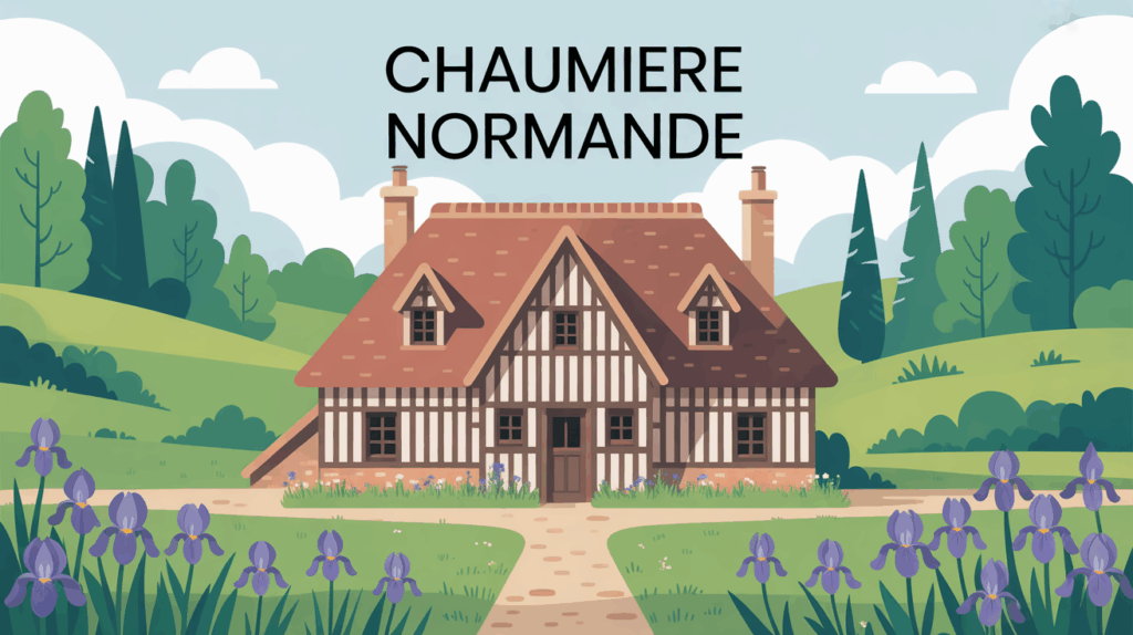 Chaumiere normande paysagere avec toit de chaume et colombages