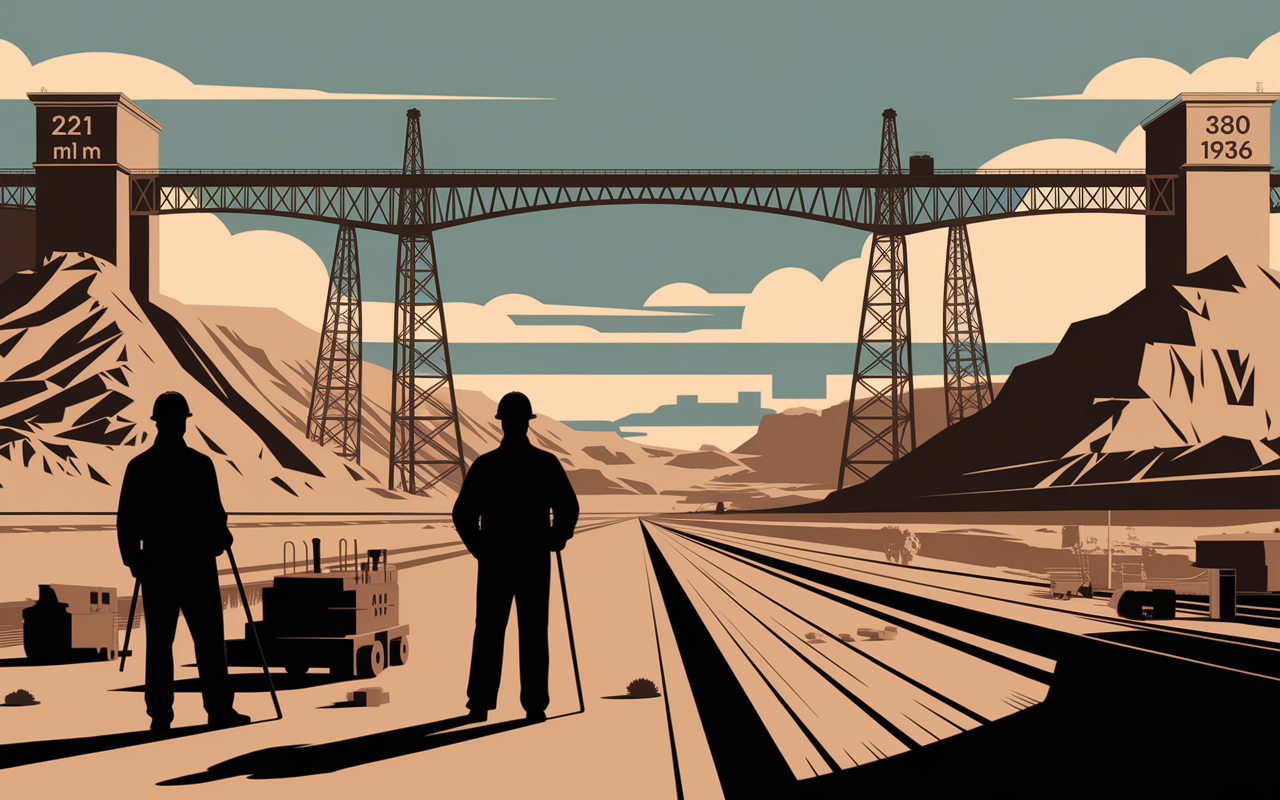 Ouvriers et machines sur le chantier du barrage Hoover