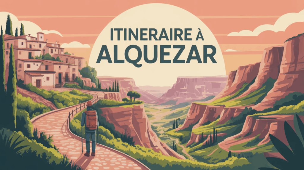 Vue Alquezar falaise ruelles canyon randonneurs lever soleil