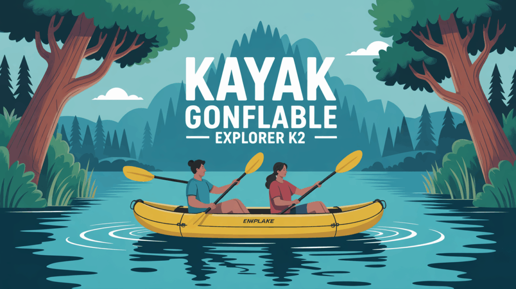 Plan d'eau calme kayak gonflable explorer k2 jaune deux personnes détente nature