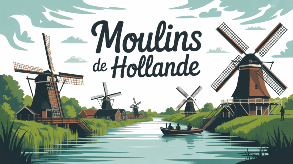 moulins de hollande illustration paysages et visiteurs