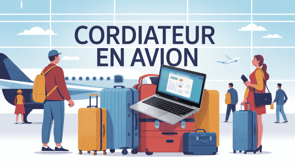 ordinateur en avion visible parmi bagages voyageurs