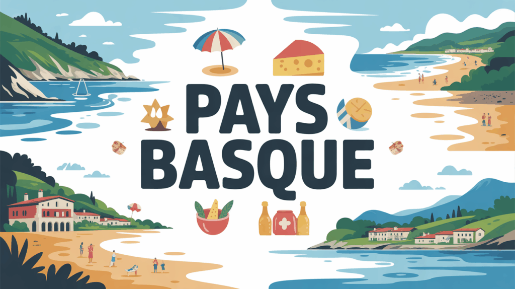 Illustration stylisée du Pays Basque français plages montagnes villages