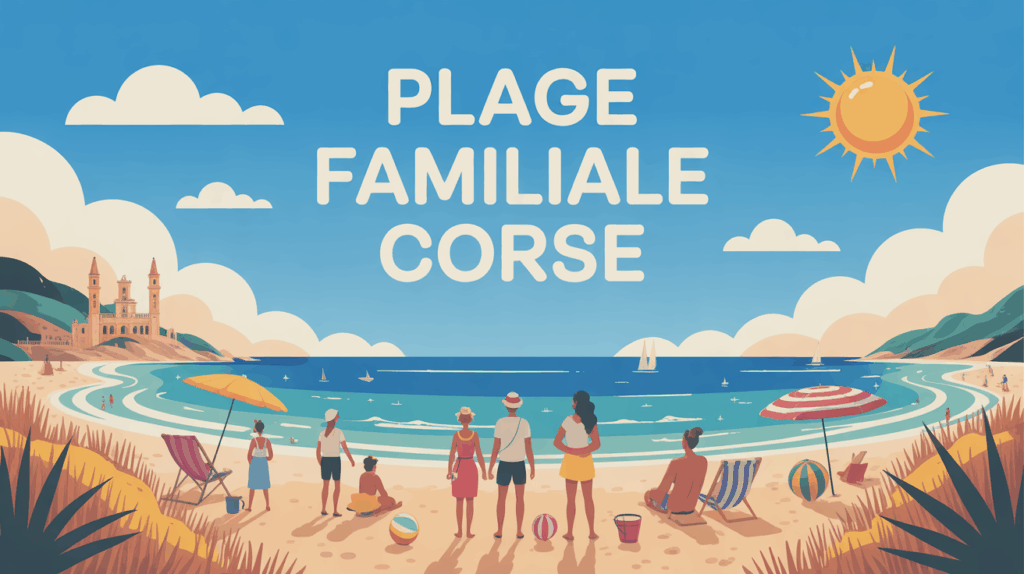 Plage familiale corse vue large sable blond mer turquoise