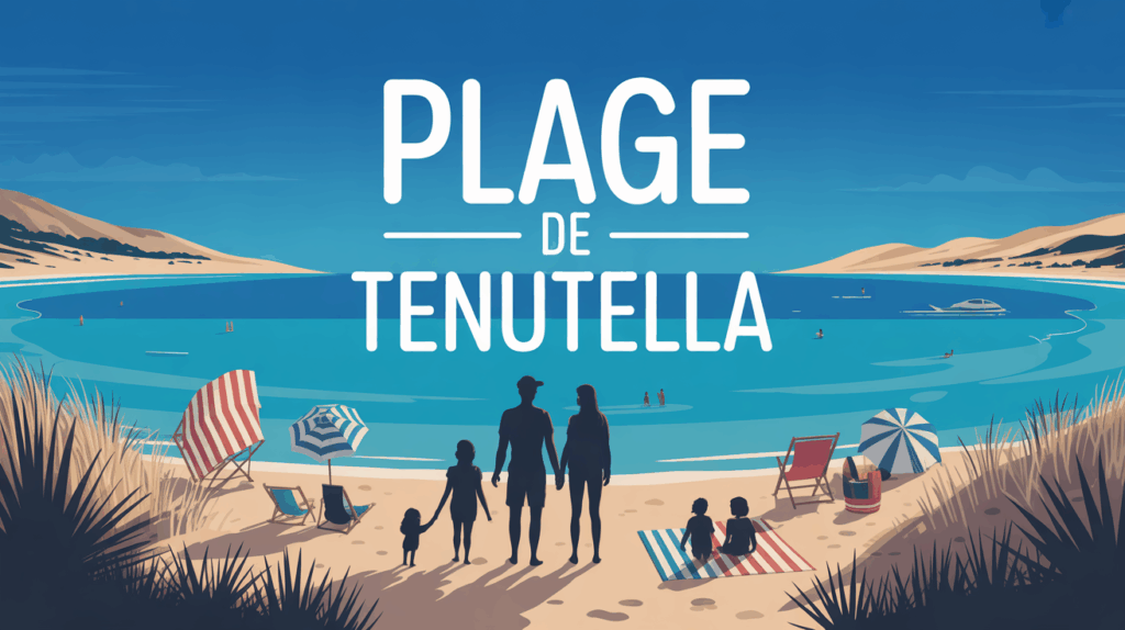 Illustration plage Tenutella sable mer turquoise pins famille