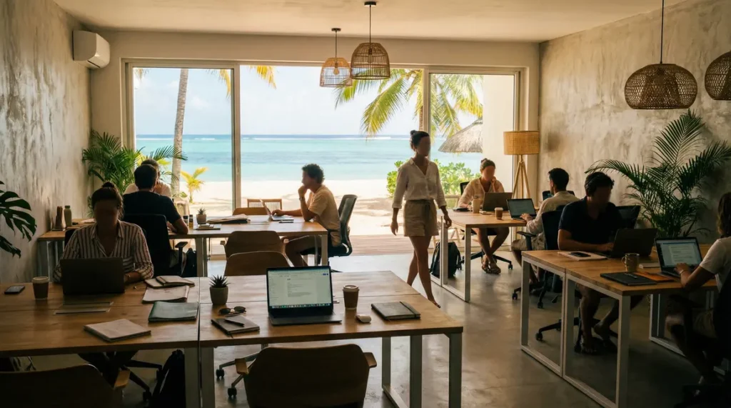 Bureau moderne à l'île Maurice vue plage, expatriés francophones