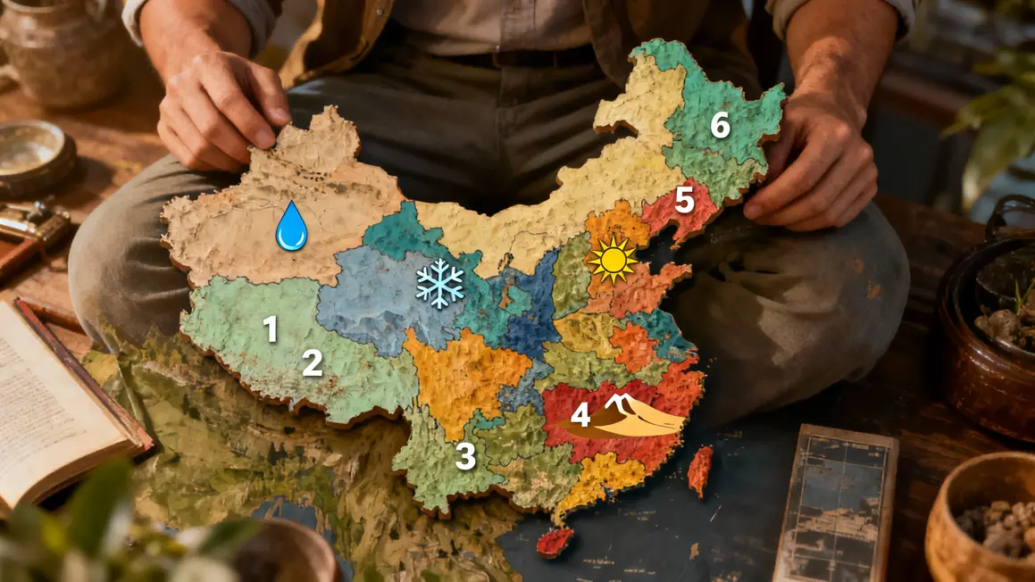 Carte Chine 6 zones climatiques symboles goutte flocon soleil montagne