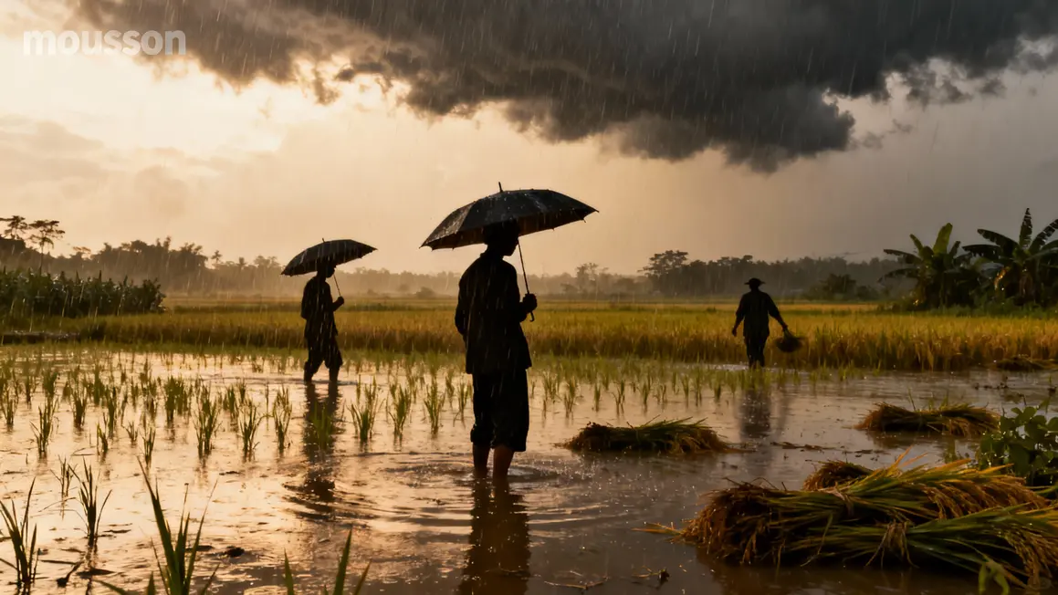 Paysage Chine mousson riziere pluie silhouettes sous parapluie