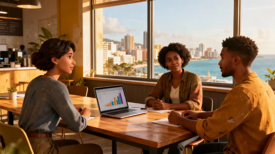 Espace coworking à Port Louis avec professionnels et vue mer
