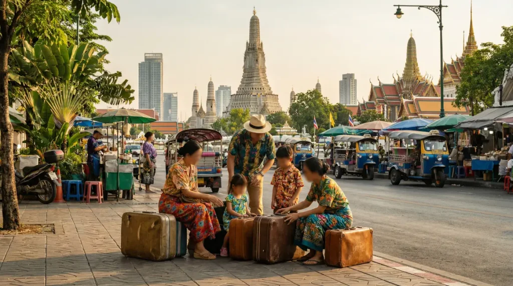 Famille expatriée préparant valises devant monuments Thaïlande