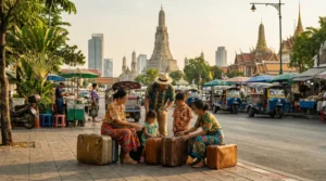 Famille expatriée préparant valises devant monuments Thaïlande