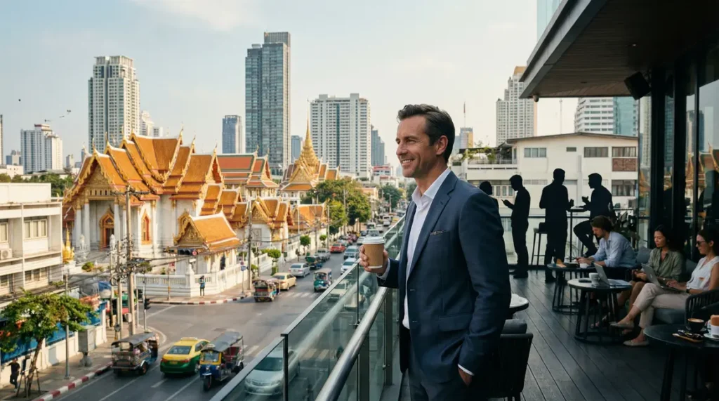 expatrié observant bangkok ville moderne emploi thaïlande