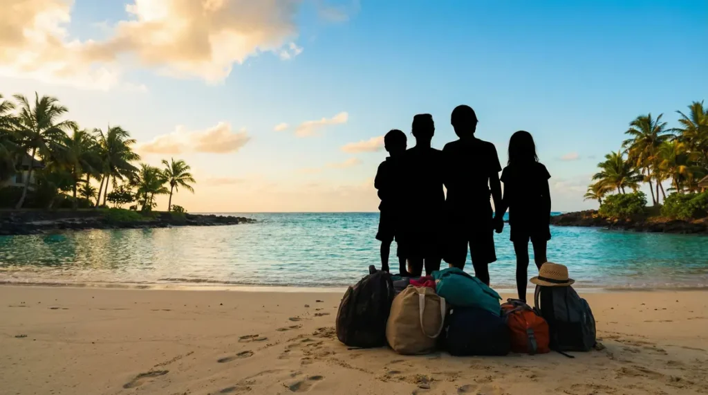 famille expatriée sur la plage à l'île Maurice