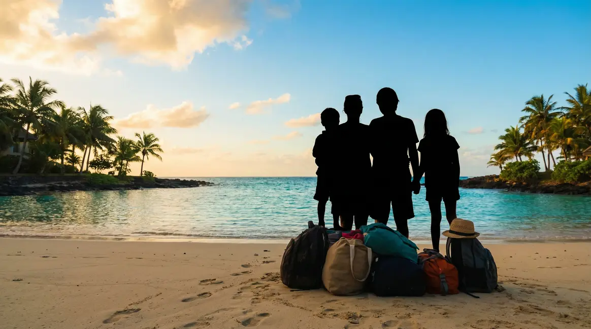 famille expatriée sur la plage à l'île Maurice